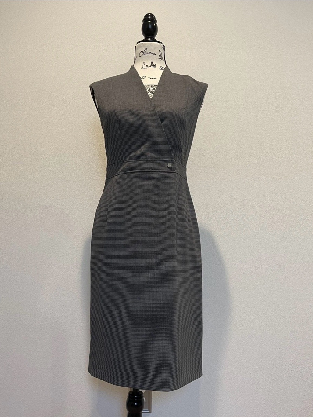 Boss Sleeveless Charcoal Gray Faux-Wrap Midi Dress